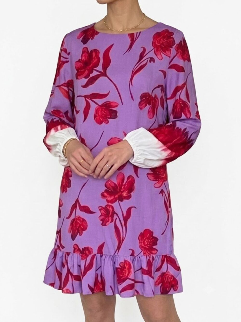 Prabal Gurung New Purple red floral Balloon sleeve Ombre Ruffle dress, S